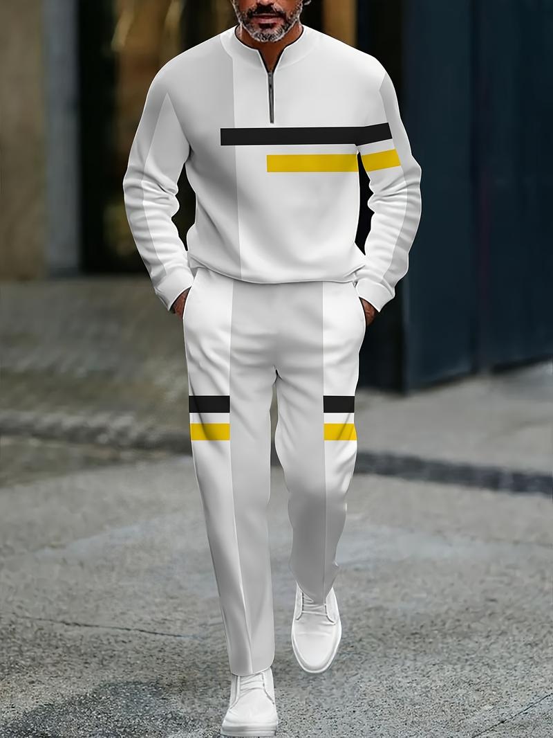 The new men's color-blocked sports suit, featuring a white half-zip sweater paired with matching trousers, is adorned with black and yellow stripes, exuding a trendy vibe. The fabric is comfortable and skin-friendly, suitable for daily commuting and casua The new men's color-blocked sports suit, featuring a white half-zip sweater paired with matching trousers, is adorned with black and yellow stripes, exuding a trendy vibe. The fabric is comfortable and skin-friendly, suitable for daily commuting and casua