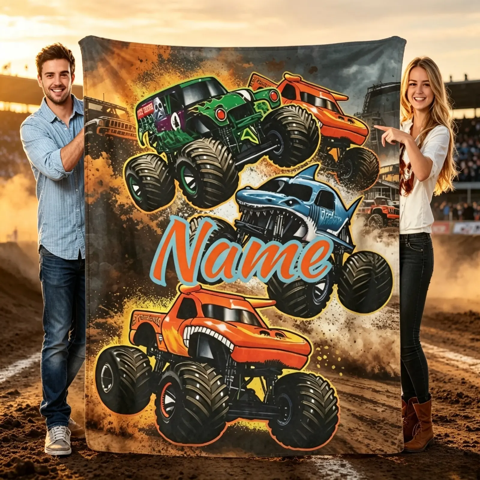 Personalized Monster Truck Racing Flannel Blanket, Custom Name Number Monster Truck Fleece Throw Blanket, Ultra Soft Plush Blanket for Kids Adults, AC Blanket for Bed Sofa Couch, All Season Cozy Gift for Birthday Christmas Back To School