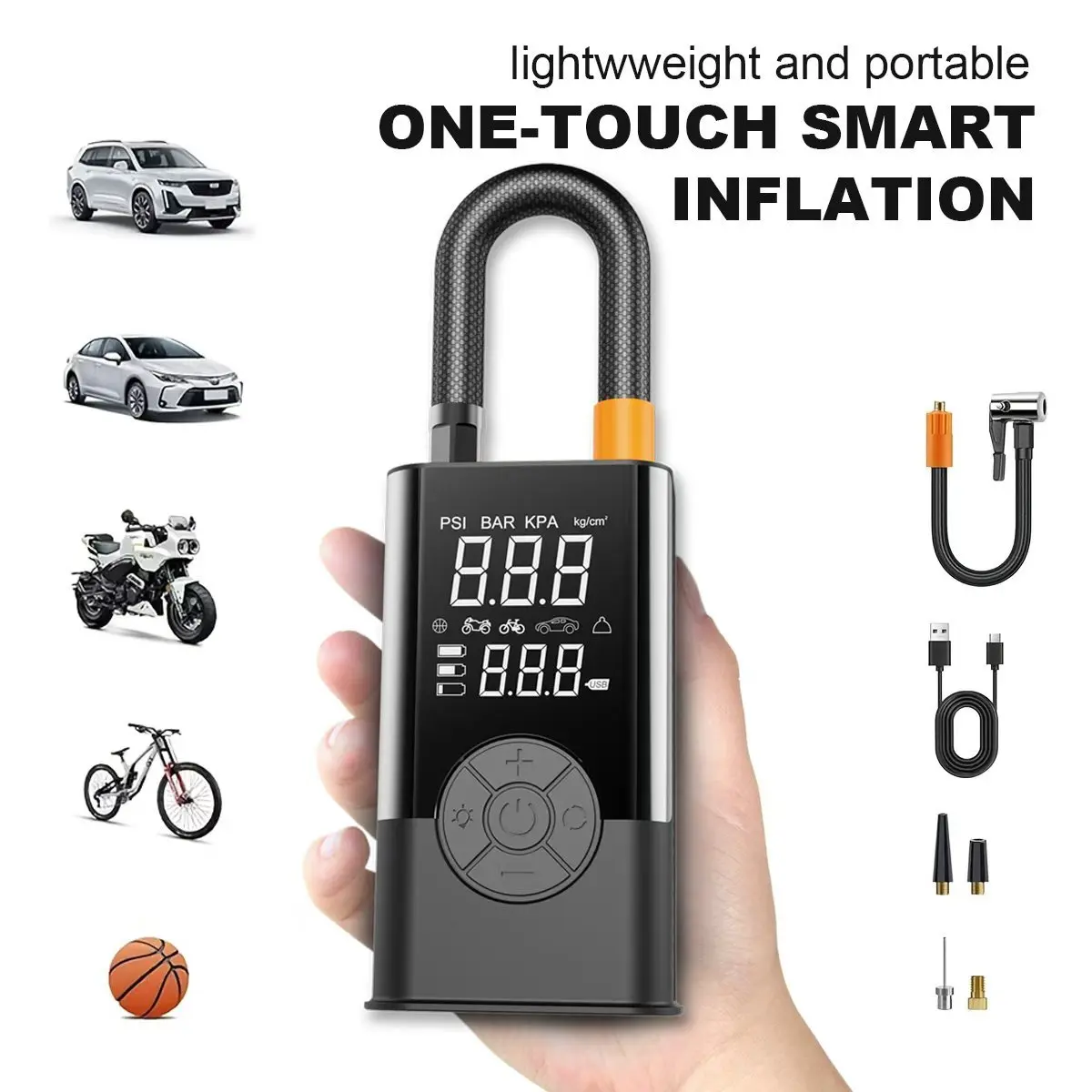 Portable tire inflator, with digital pressure gauge, car tire pump, 180PSI, rechargeable battery, LED light, cordless air pump, wireless bicycle tire pump, suitable for cars, motorcycles, bicycles, sports balls, etc