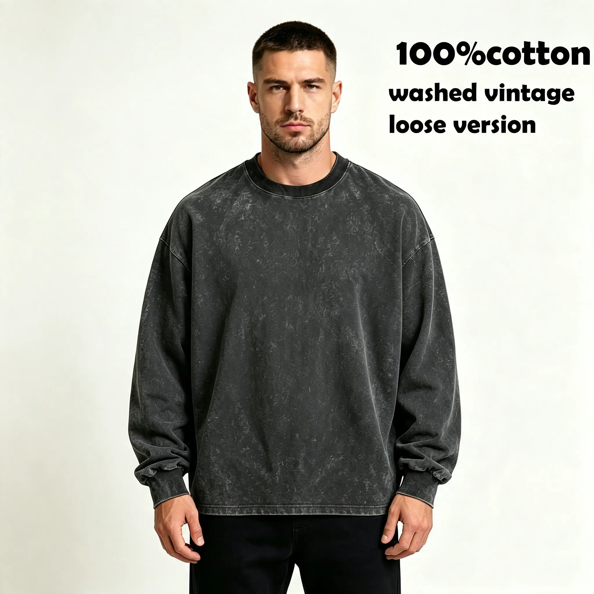 Loose Fit Long Sleeve Crew Neck Cotton Sweatshirt Vintage Washed Look Casual Street Basic Sweat Top Mens Cotton Top Gift for Dad