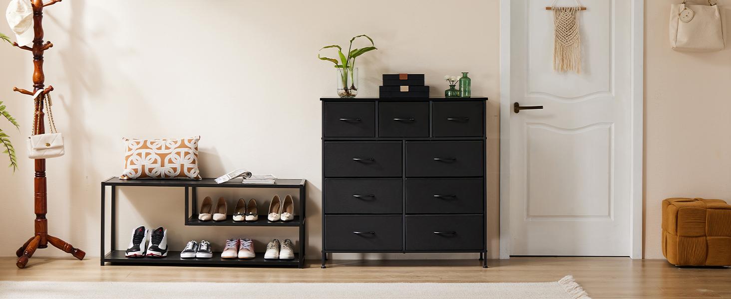 Dresser for Bedroom with 9 Drawers, Anti-Tip Tall Fabric Chests Storage Organizer Tower Furniture with Wooden Top Metal Frame for Clothes, Closet, Living Room, Hallway, Entryway