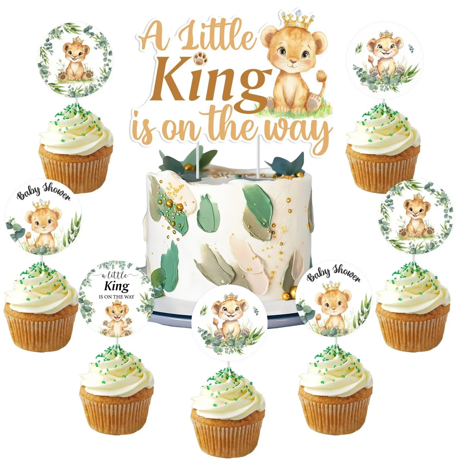 1Set Lion Baby Shower Decoration 25pcs A Little King Is on The Way Decoration Cake Cupcake Topper for Lion Wild Woodland Jungle Safari Baby Shower Gender Reveal Decoration
