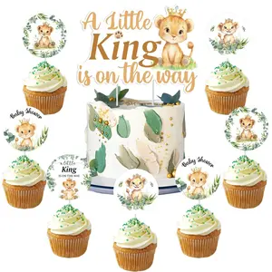 1Set Lion Baby Shower Decoration 25pcs A Little King Is on The Way Decoration Cake Cupcake Topper for Lion Wild Woodland Jungle Safari Baby Shower Gender Reveal Decoration