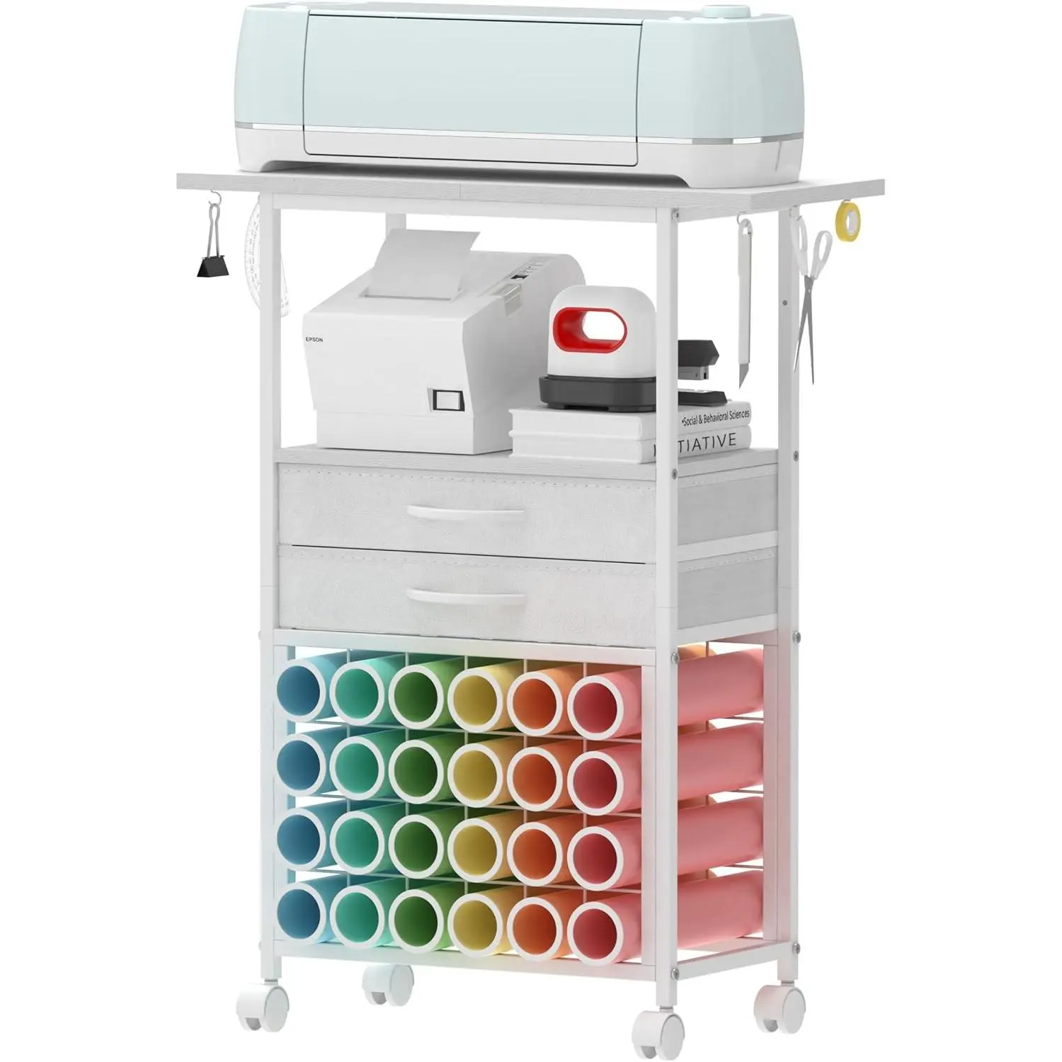 Organizer and Storage Stand Compatible with Cricut Machines,Rolling Storage Cart/Shelf with 24 Vinyl Roll Holders,2 Fabric Drawer,Accessories Holder,Tool Hook for Craft Room Home (white)