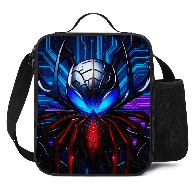 Compact Insulated Reusable Crossbody Lunch Bag - Blue-Purple Cyber Spider Cyber-Circuit Mecha 2D Graphic Print, Oxford Poly Fabric, Water Bottle Pocket, Adjustable Strap, for Commute Use, Students