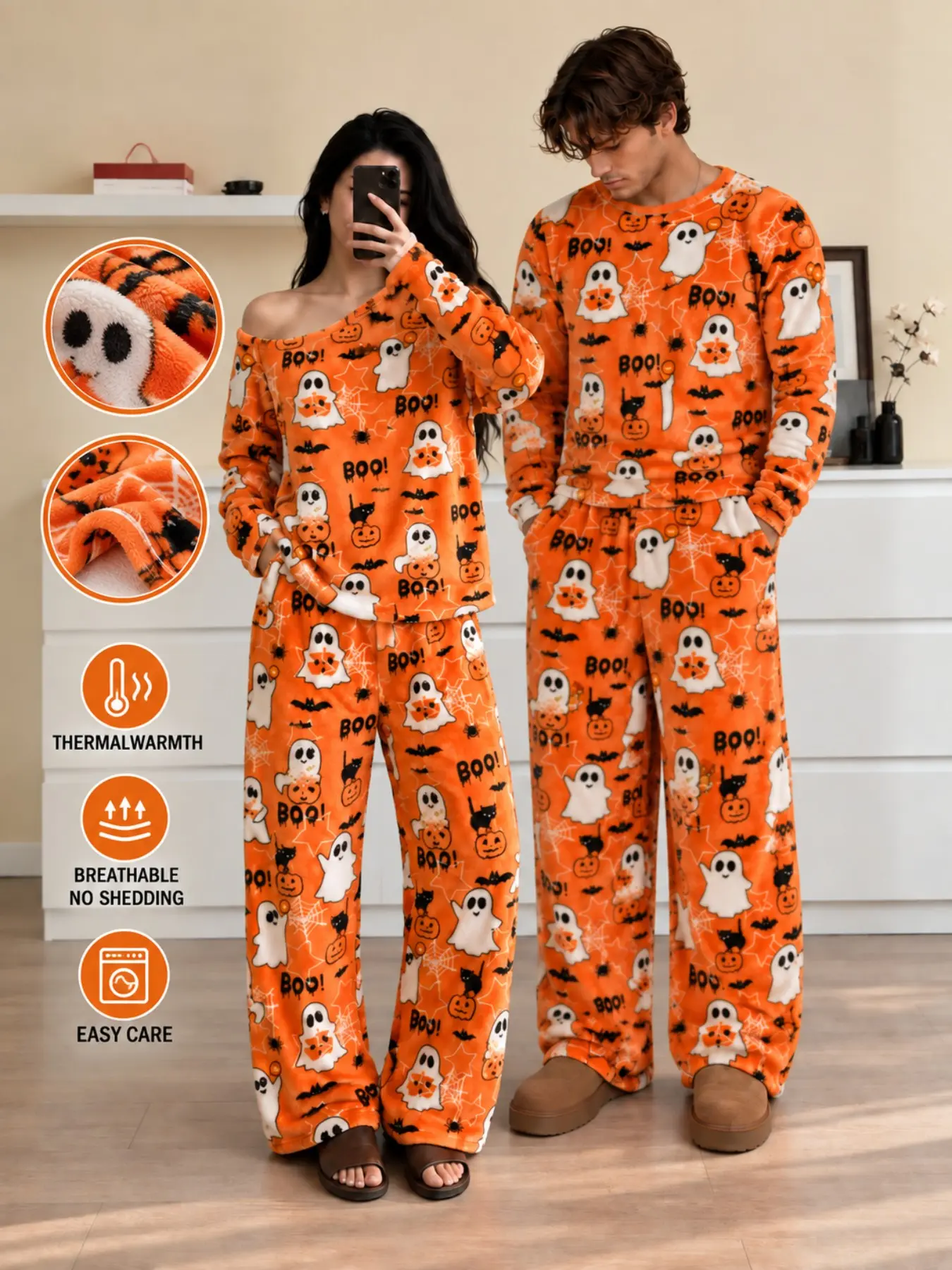 Halloween Matching PJs Set Unisex, Ultra Soft Flannel Holiday Sleepwear, Festive Ghost Party Loungewear