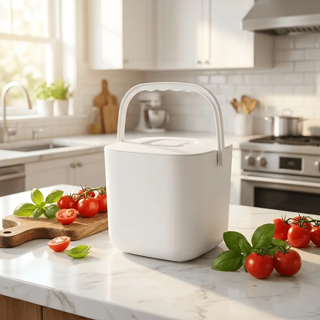 1.85gal Kitchen Counter Compost Bin, Plastic Food Waste Bucket with Lid And Strainer Basket, Odor-Blocking Design, 9.4 X 7.9 X 7.7 Inches