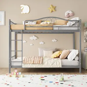 Twin over Twin Metal Bunk Bed Frame Heavy Duty Stainless Steel Bunkbed with Full Length Guardrails and Secure Ladder Space Saving No Box Spring Needed Noise Free Metal Slats Bedroom Furniture for Kids Teens Adults Cream White