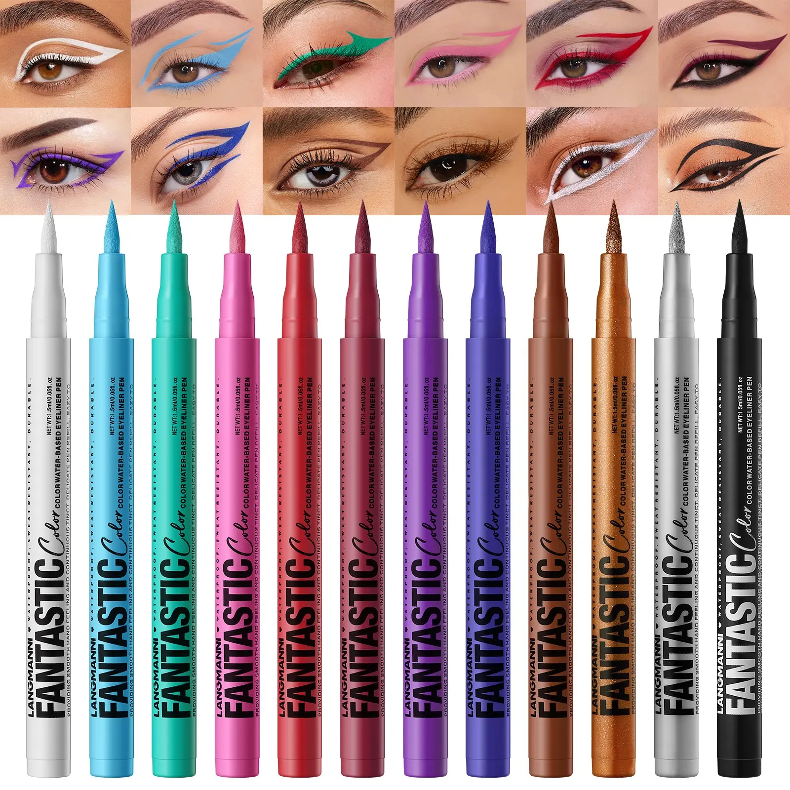 12-Piece Waterproof Liquid Eyeliner Set, Brush Tip, Smudge-Proof, Long-Lasting, Quick-Dry, Perfect for Parties and Music Festivals