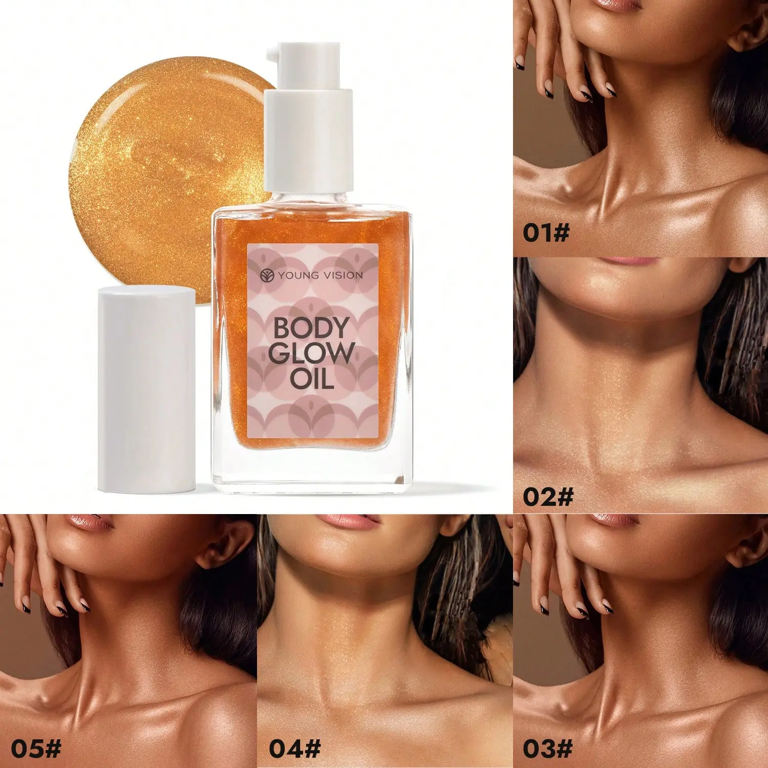 YOUNG VISION 5-Shade Shimmer Body Glow Oil - Natural Glow Highlighter with Micro Pearls for Body & Face, Lightweight Moisturizing Silky Texture, Easy-Apply Easy-Blend, Dewy Shine Finish, Layerable, Ideal for Beach Vacation & Daily Makeup, Cosmetic, Smooth