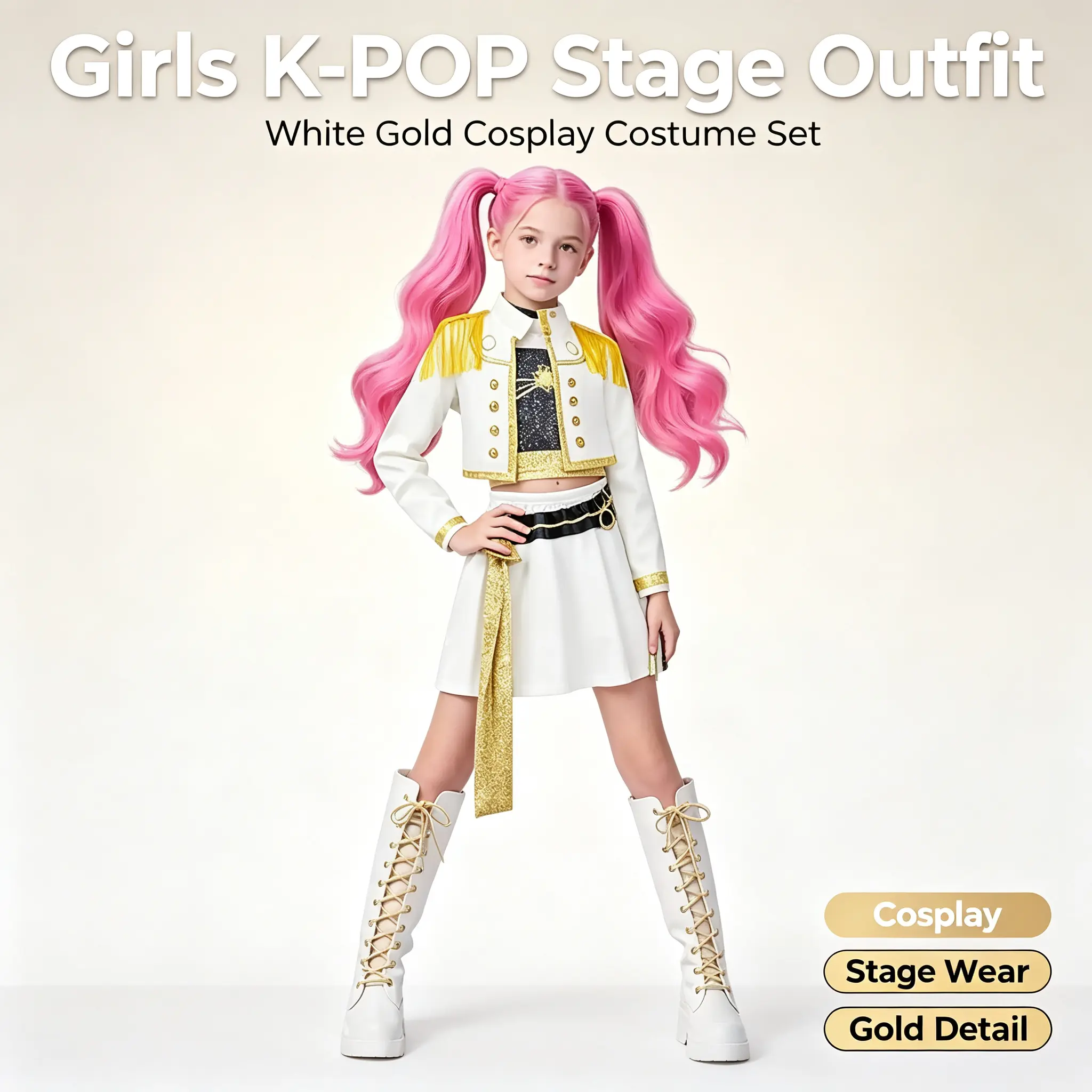 Girls White Gold K-POP Cosplay Outfit | Stage Costume Set with Jacket, Skirt, Belt and Boots for Halloween, Shows & Parties