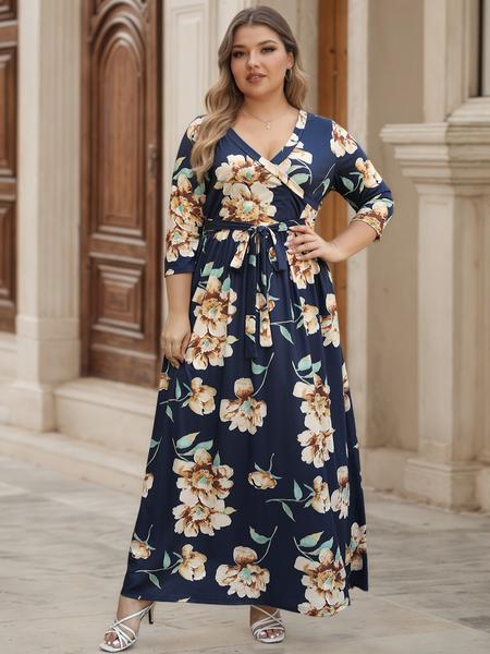 Women's V Neck Stretchy Casual Long Plus Size Dress, Perfect for Bridesmaids, Vintage Style Wedding & Party Wear, Comfortable All-Day Fabric