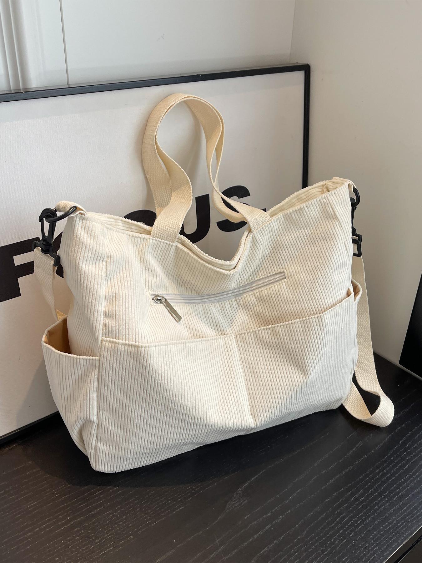 Trendy Corduroy Tote Bag, Women's Solid Color Large-Capacity Durable Shoulder Bag for Daily Use, Casual Matching School Bag for Outdoor Activities