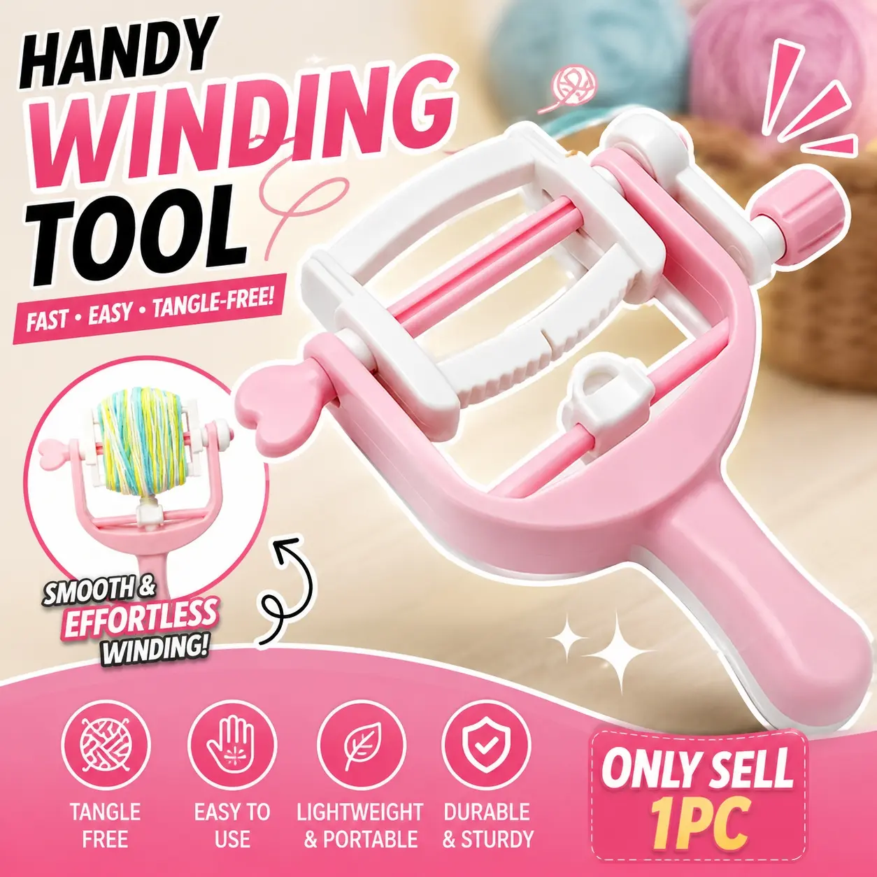 1pc Manual Yarn Winder with Handle | Heavy-Duty Craft Machine for Yarn, Rope, Twine, Ribbon, Tube Cleaning - Includes Clamping Mechanism, Speed Control, and Stable Base - Perfect for Crafts, Easy to Use