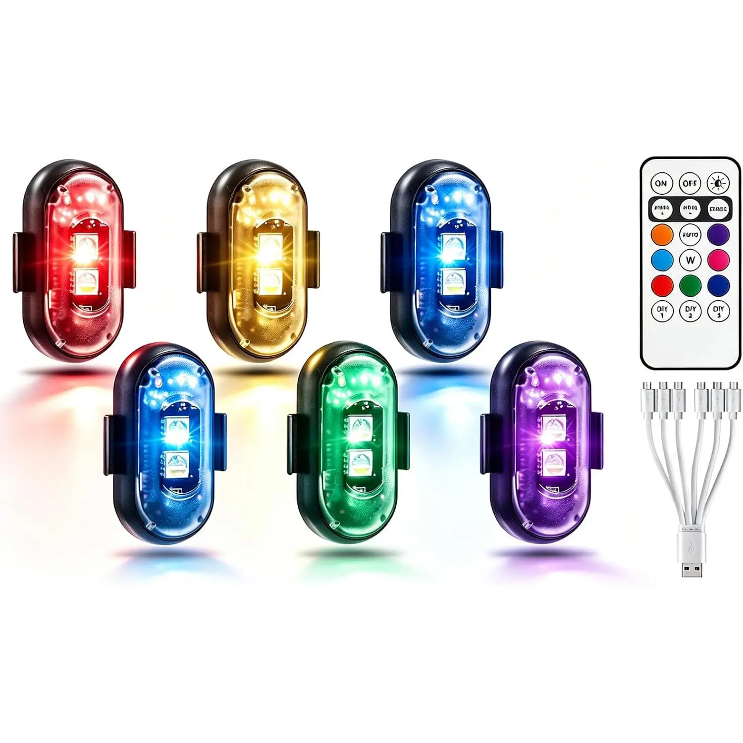 6PCS Wireless LED Lights for Car with Remote Control, Halloween Wireless LED Strobe Lights 8 Colors USB Charing IP65 Waterproof Anti-Collision Warning Light for Car Interior Truck Drone Aircraft Bike