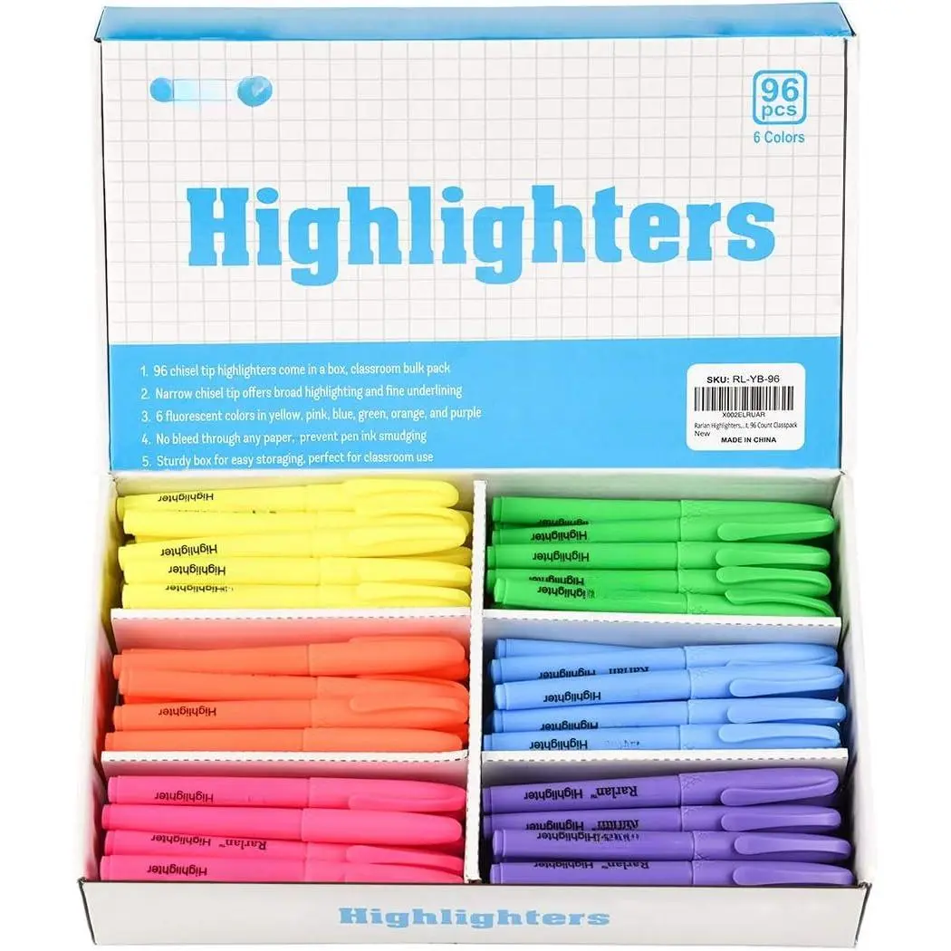 Highlighters, Chisel Tip,  Fluorescent, 96 Count Bulk Pack | Highlighters  Colors for Classroom & Office, Study Essentials, Ideal for  to School and Teacher Supplies