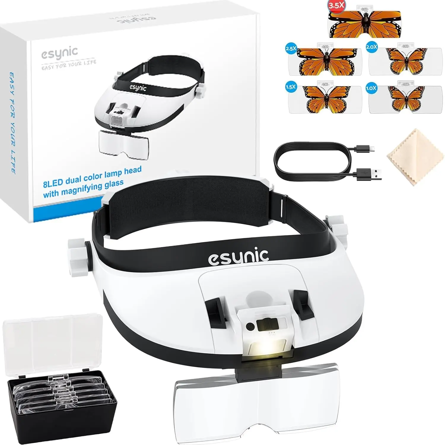eSynic Head Magnifier with LED Light - 5X Interchangeable Lenses (1X-3.5X) & 6X Combo- Comfort Adjustable Headband- 8 Dual-Color LED for Reading&Jewelry Repair- 900mAh Rechargeable Battery with Type-C