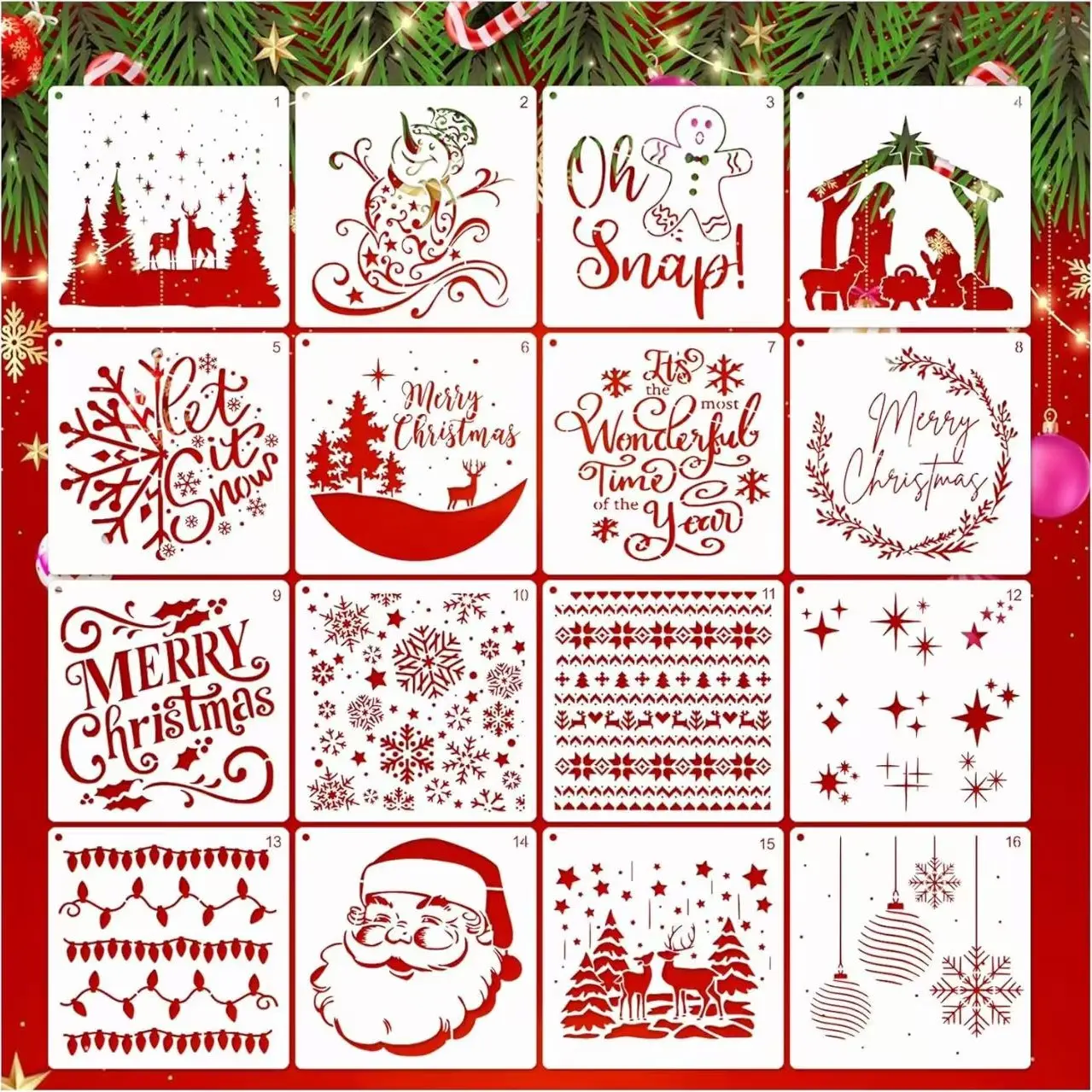 16-Piece Christmas Creative Stencil Set, Elegant Calligraphy Handwriting Tool, DIY Card/album Painting Template, Festive Craft Essential, Crafting