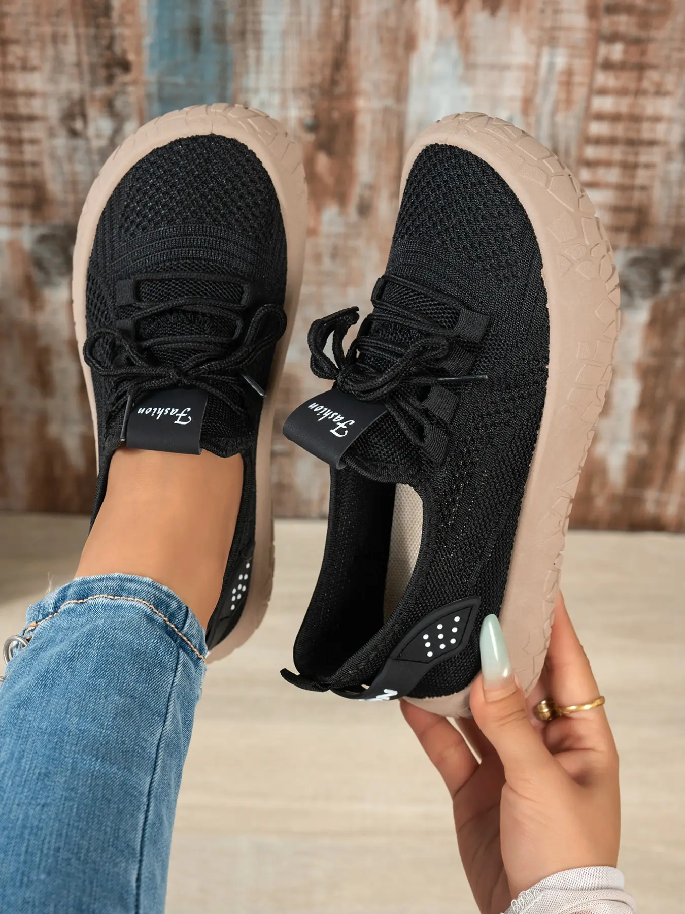 Women's Spring Summer Hollow Out Flyknit Mesh Casual Sports Shoes, Lazy Tie Tire Pattern Thick Sole Hiking Shoes, Breathable Lightweight Outdoor Sneakers