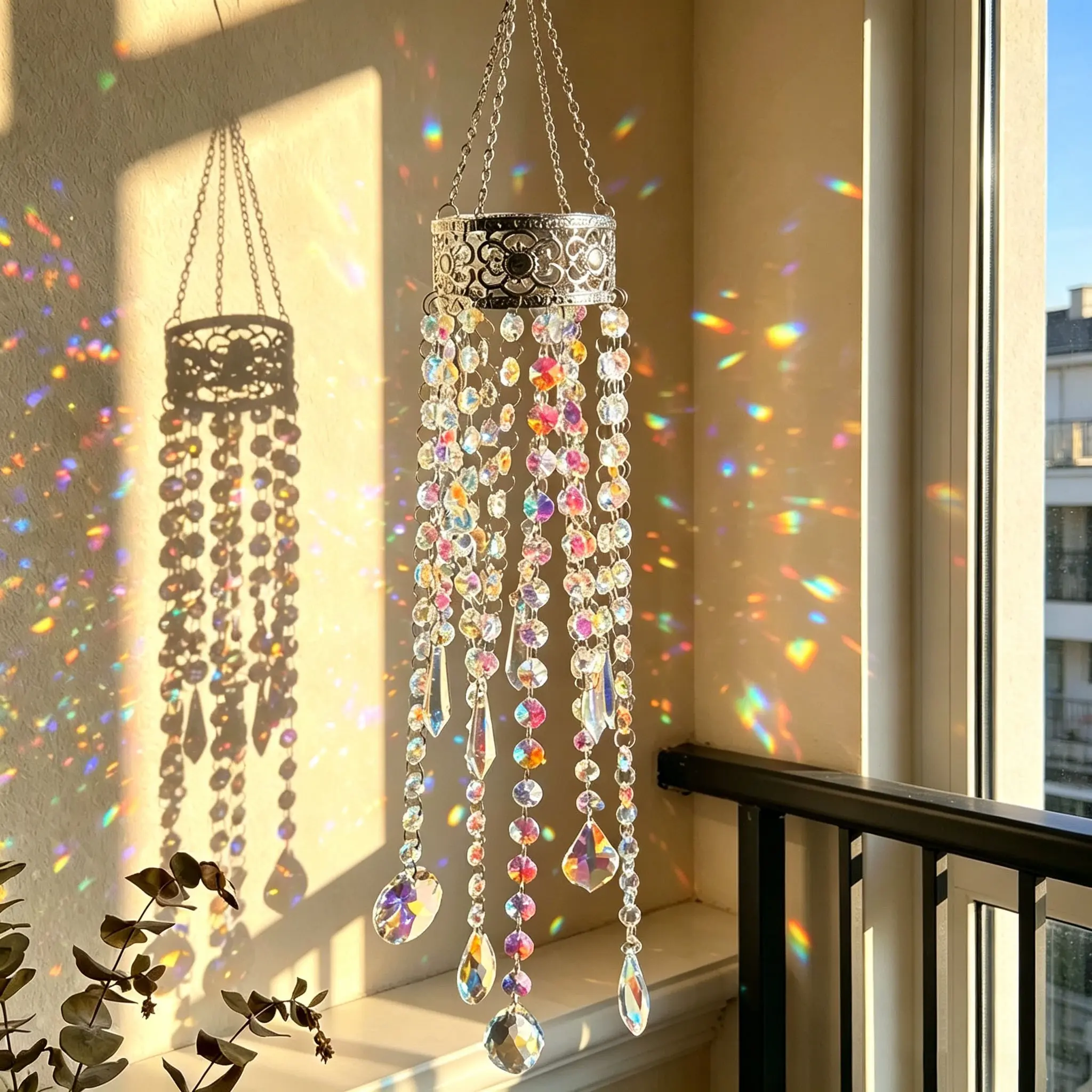 Ab Iridescent Crystal Suncatcher, Multi Tassel Prism Rainbow, Boho Wall Decor, Silver Color Top, Housewarming Gift, Room Styling