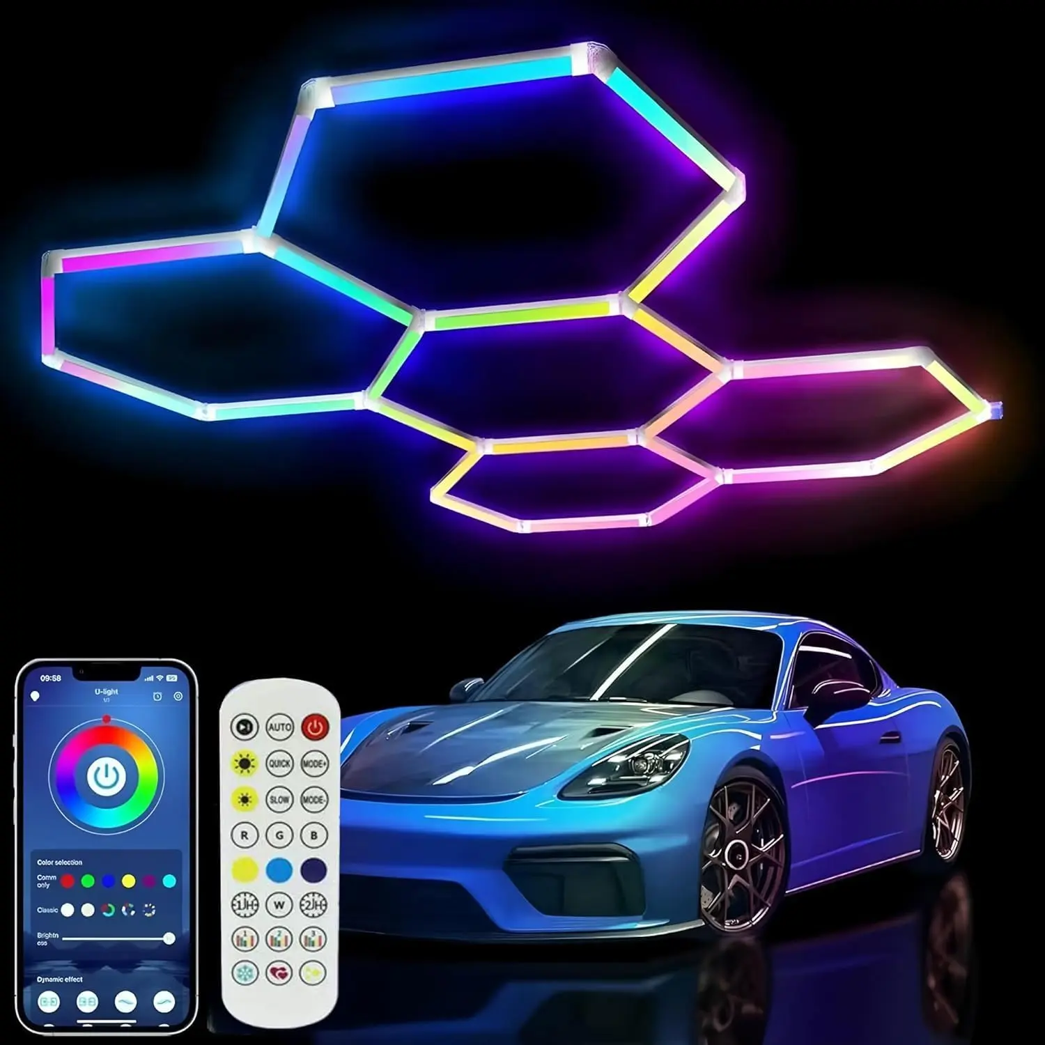 RGB Hexagon Garage Light, Music Sync LED Lamp for Game Room, Smart APP & Remote Control, DIY Honeycomb Ceiling Light for Gym Basement Decor
