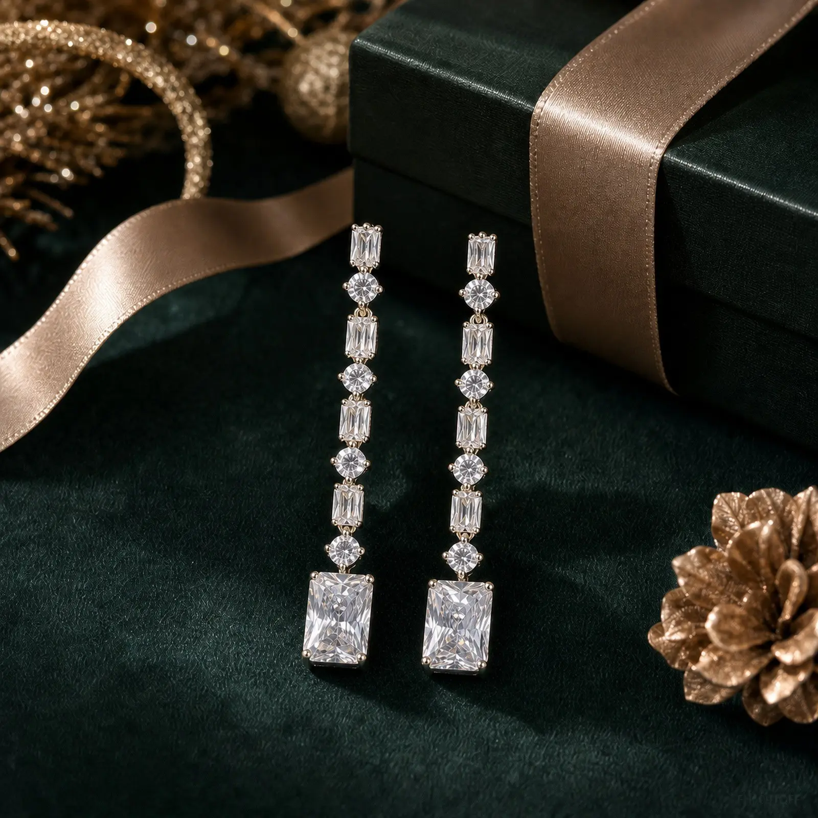 Feminine 5A Linear Baguette Cubic Zirconia Long Drop Dangle Earrings, S925 Post, Hypoallergenic, Office-Street Style, FH1091QFF
