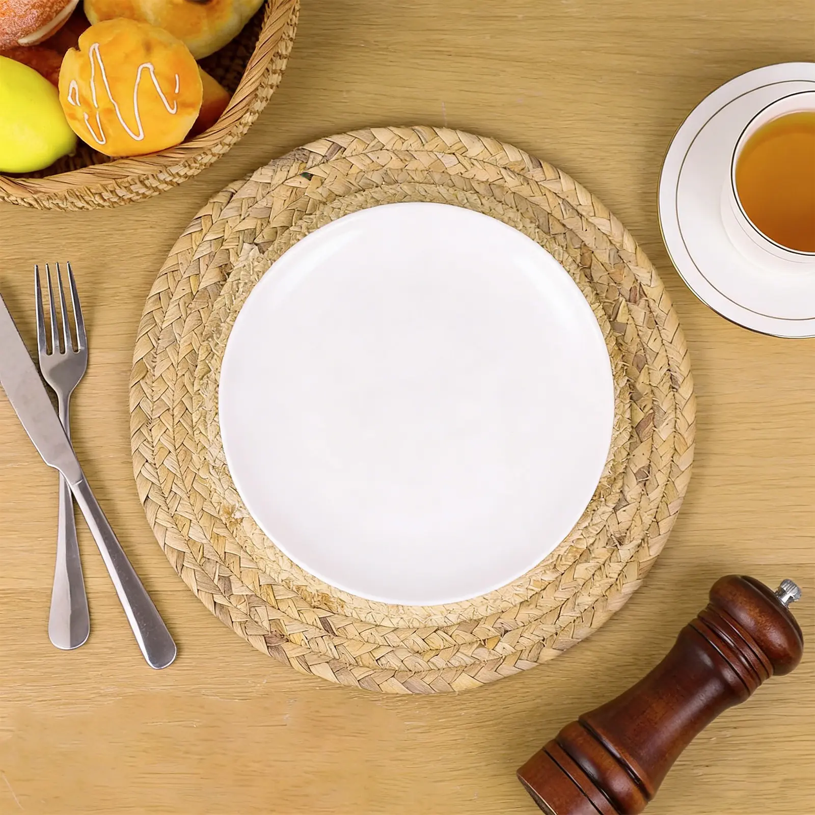 Handmade Boho Farmhouse Placemats Set of 8 - Sturdy Natural Gourd Grass & Corn Husk, Traditional Classic Rustic Ivory 11.8x11.8in Heat Resistant Table Mats for Tableware, Enhance Your Home Décor Kitchen Dining