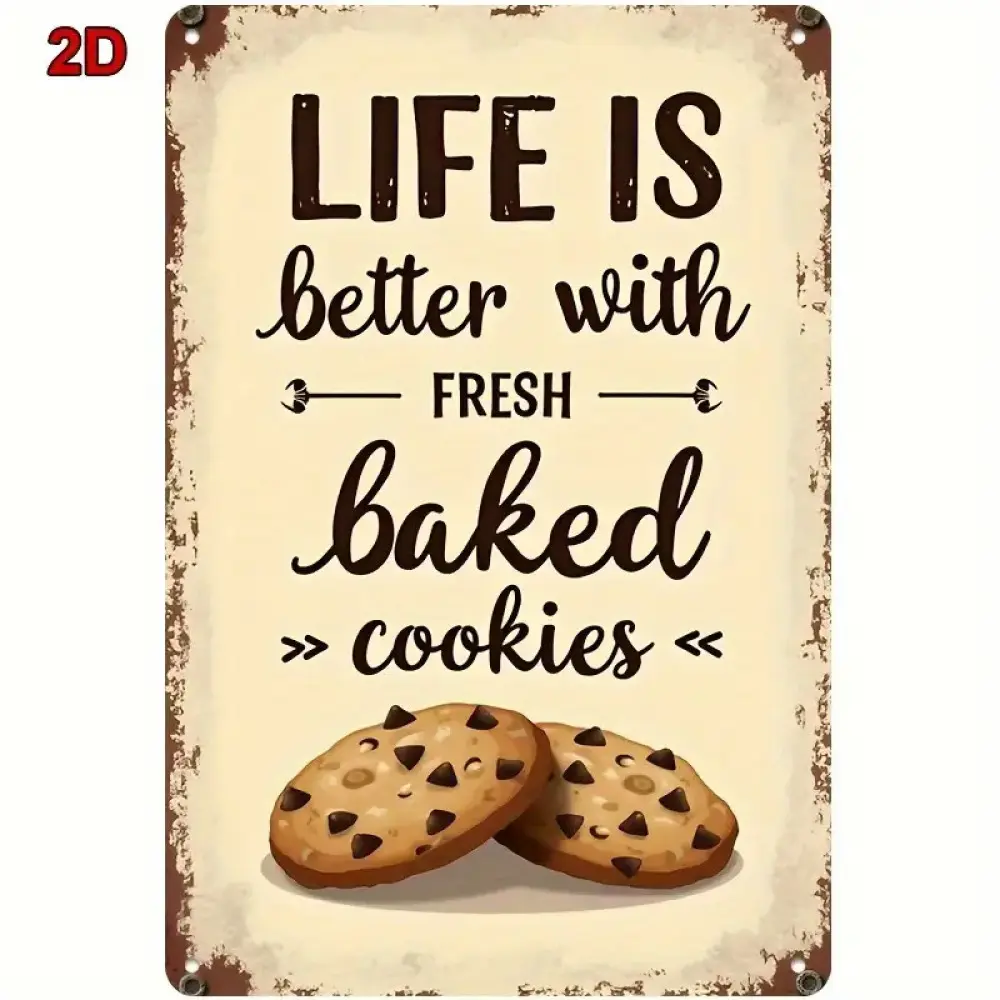 2D Flat, 1pc Vintage Baking-Themed Metal Wall Art Sign "Life Is Better with Fresh Baked Cookies" - 8"X12" (20X30Cm) Rustic Kitchen Decor with Cookie Cutouts And Cursive Lettering - Durable Plaque for Home, Bakery, Cafe, Cookie Shop Display