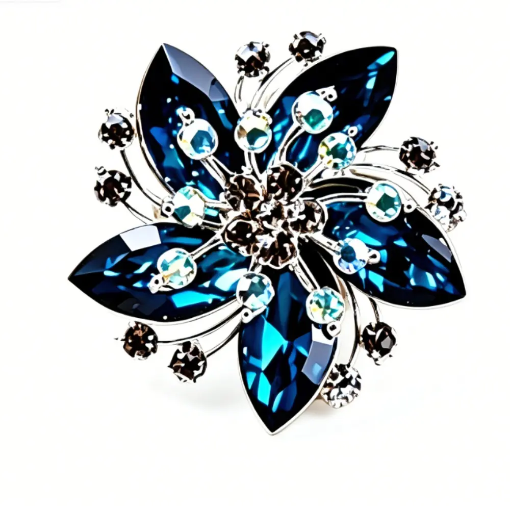 Six Petal Blue Flower Brooch Silver Plated Large Sapphire Crystal Multi Tiny Rhinestone Unisex Wedding Party Pin
