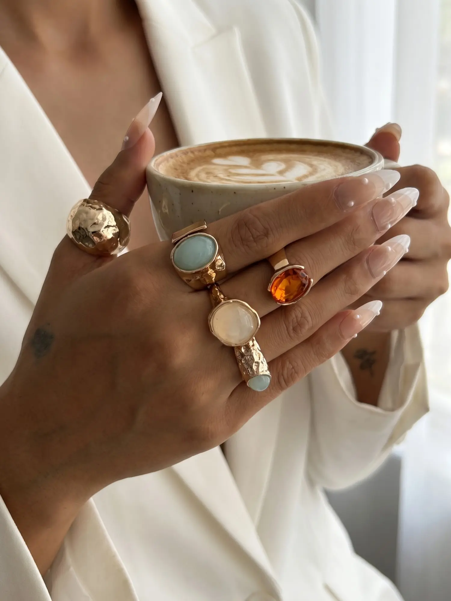 Y2K Boho Style Stackable Rings Set for Women, 5-Piece Lava Texture, Mint Blue Amber Gemstone, Daily Wear Fashion Jewelry
