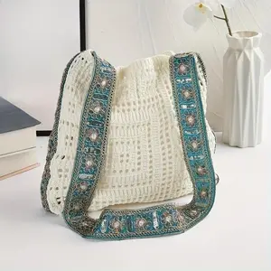Women's Handmade Crochet Grid Tote Bags - Embroidered Strap Casual Shoulder Option for Summer Daily Use (Sports & Outdoor Camping Hiking Packs)