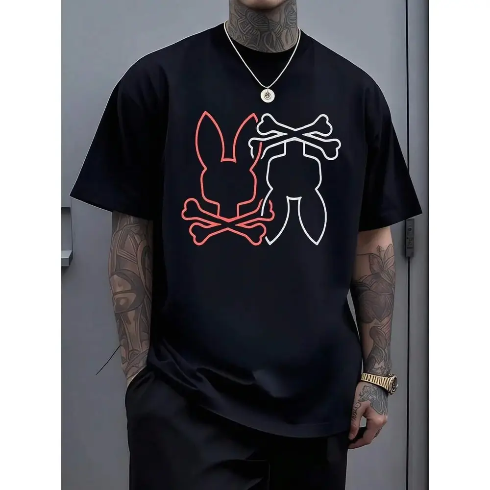 Red And White Bunny Skull With Crossed Bones Funny Cotton Graphic Tee Everyday Shirt For Men Edgy Playful Vibe Unique Wardrobe Addition Christian ClothingQuick-Dry Moisture-Wicking Crew Tees