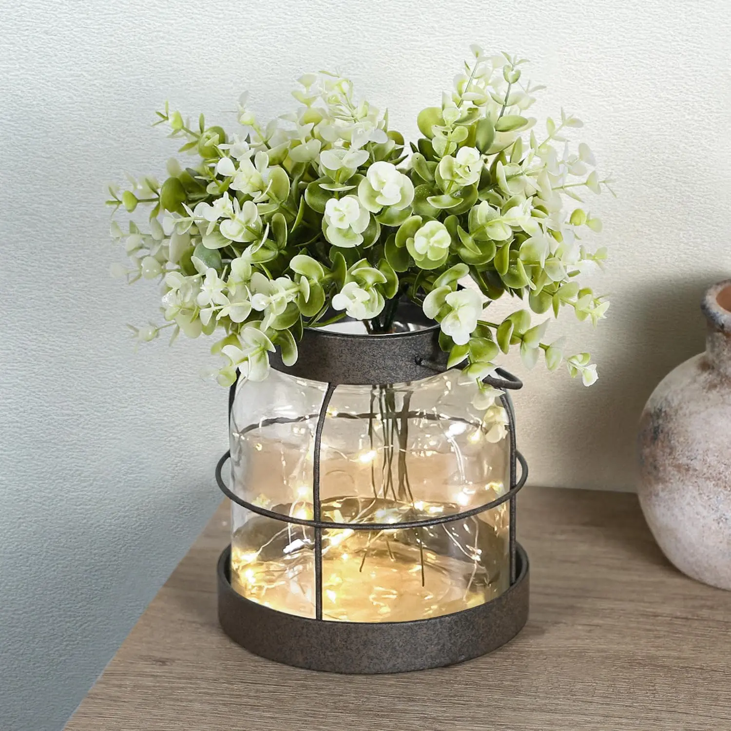Glass  Vase -  Rustic Lantern Planter with Bonus Artificial  & LED Lights ( Decor Centerpiece),  Wedding/Easter Decor, Housewarming