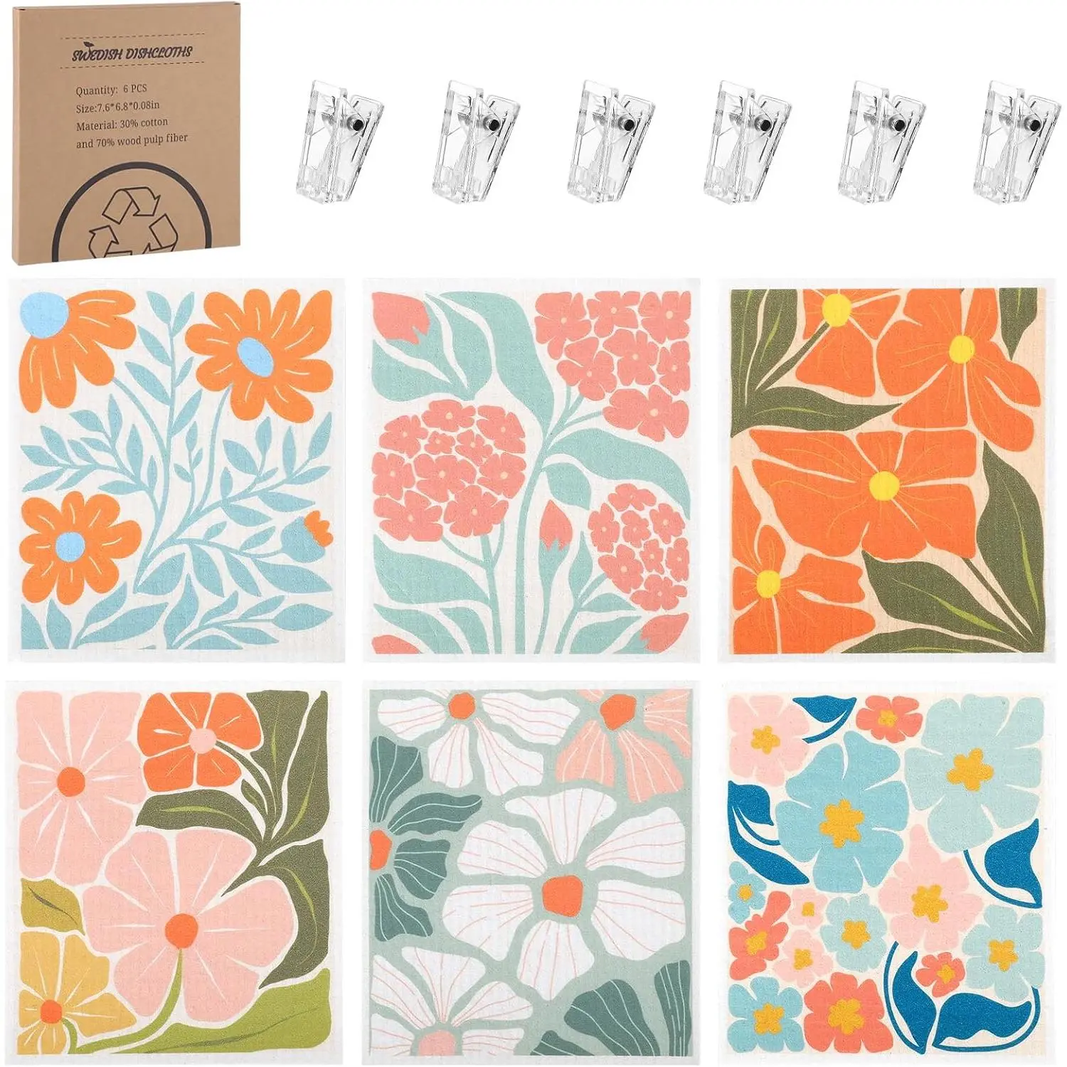6 Pack Swedish Dishcloths for Kitchen,Abstract Floral Dish Towel with Clip |  Paper Towels Washable Absorbent Cellulose Sponge Cloths No Odor for Cleaning  Kitchen