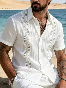 Viral TikTok Men's Summer Solid Color lace trim Vertical Texture Casual Shirt, Beach Resort Daily Travel Short Sleeve Lapel Button Up Tope-Fitting