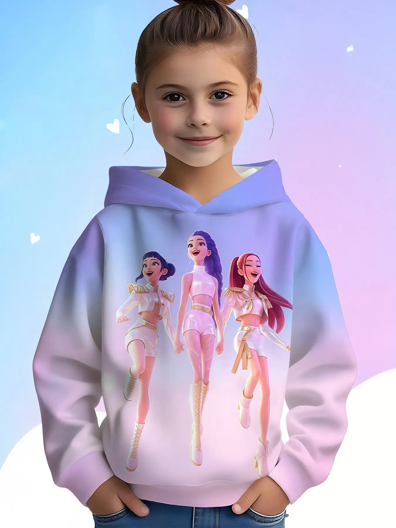 Girls' Fall Winter Hoodie, 3D Cartoon All over Print, Casual Loose-Fit, Indoor Outdoor Wear, Warm and Cozy, Perfect Holiday Gift