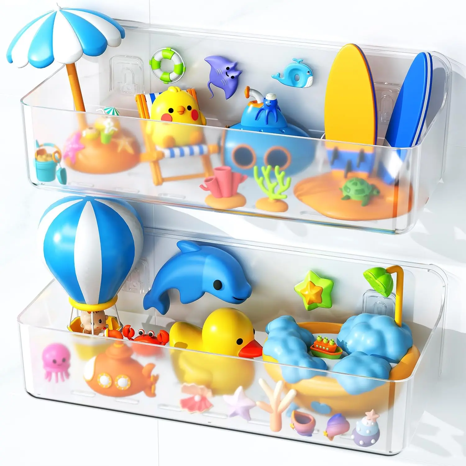 Bath Toy Storage, Large Capacity Bath Toy Organizer, Adhesive Shower Caddy for Baby Bathroom Bathtub, Clear (2 Large)
