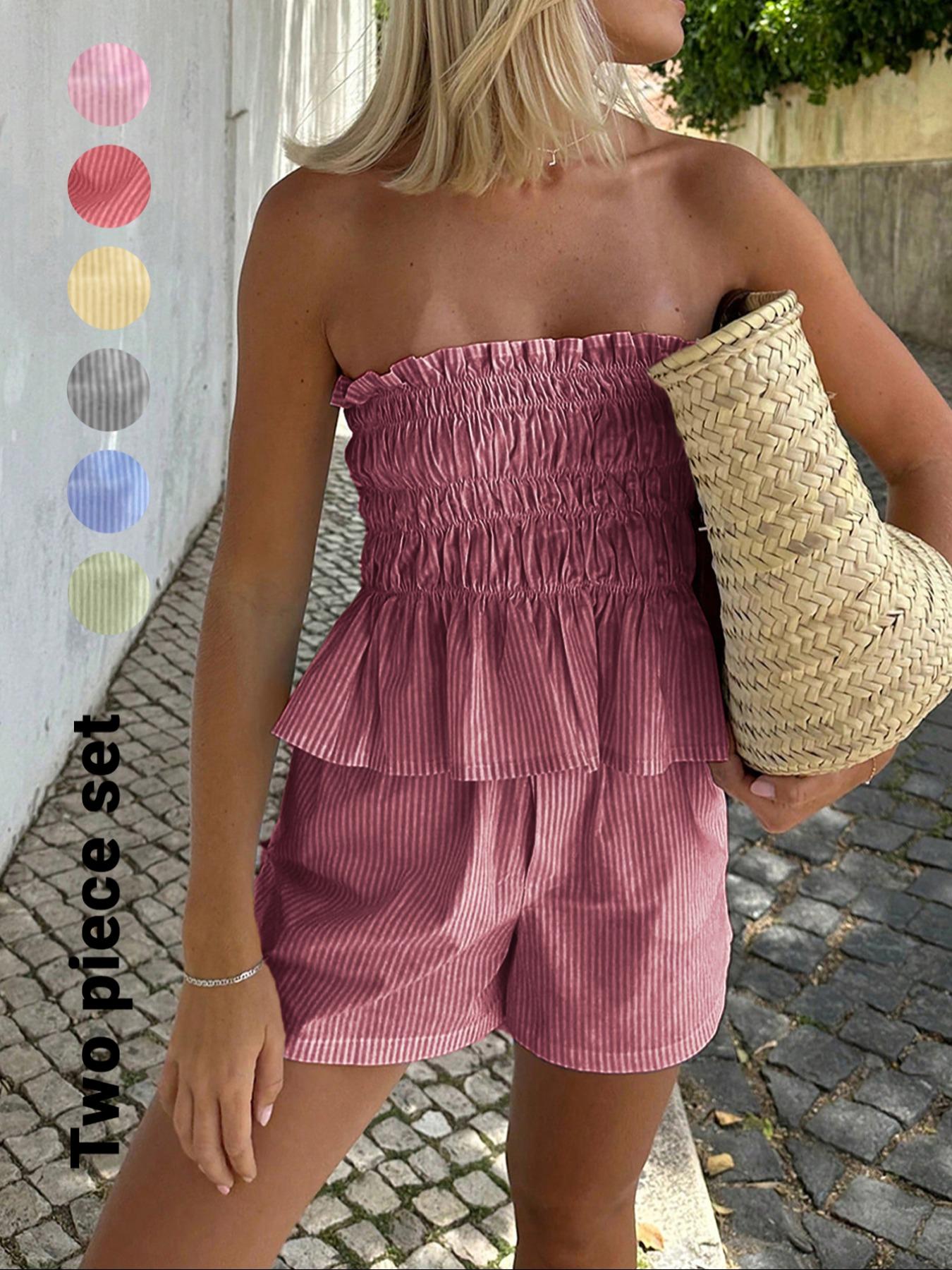 Two-piece Set Women's Striped Print Tube Top & Shorts Set, Casual Strapless Top & Shorts for Daily Wear, Ladies Clothes for Summer Outfit
