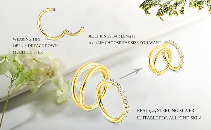 LOLIAS 3Pcs Belly Button Rings, Surgical Steel Hoop Navel Rings, Gold Silver Tone, CZ, Sleeper Hoop