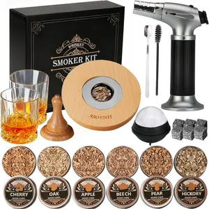 Whiskey Smoker Kit with Torch - 6 Flavors Wood Chips, 2 Glasses, Cocktail Smoker Infuser Kit, Old Fashioned Drink Smoker Kit, Birthday Valentine's Day Bourbon Whiskey Gifts for Men, Dad(No Butane)Gift