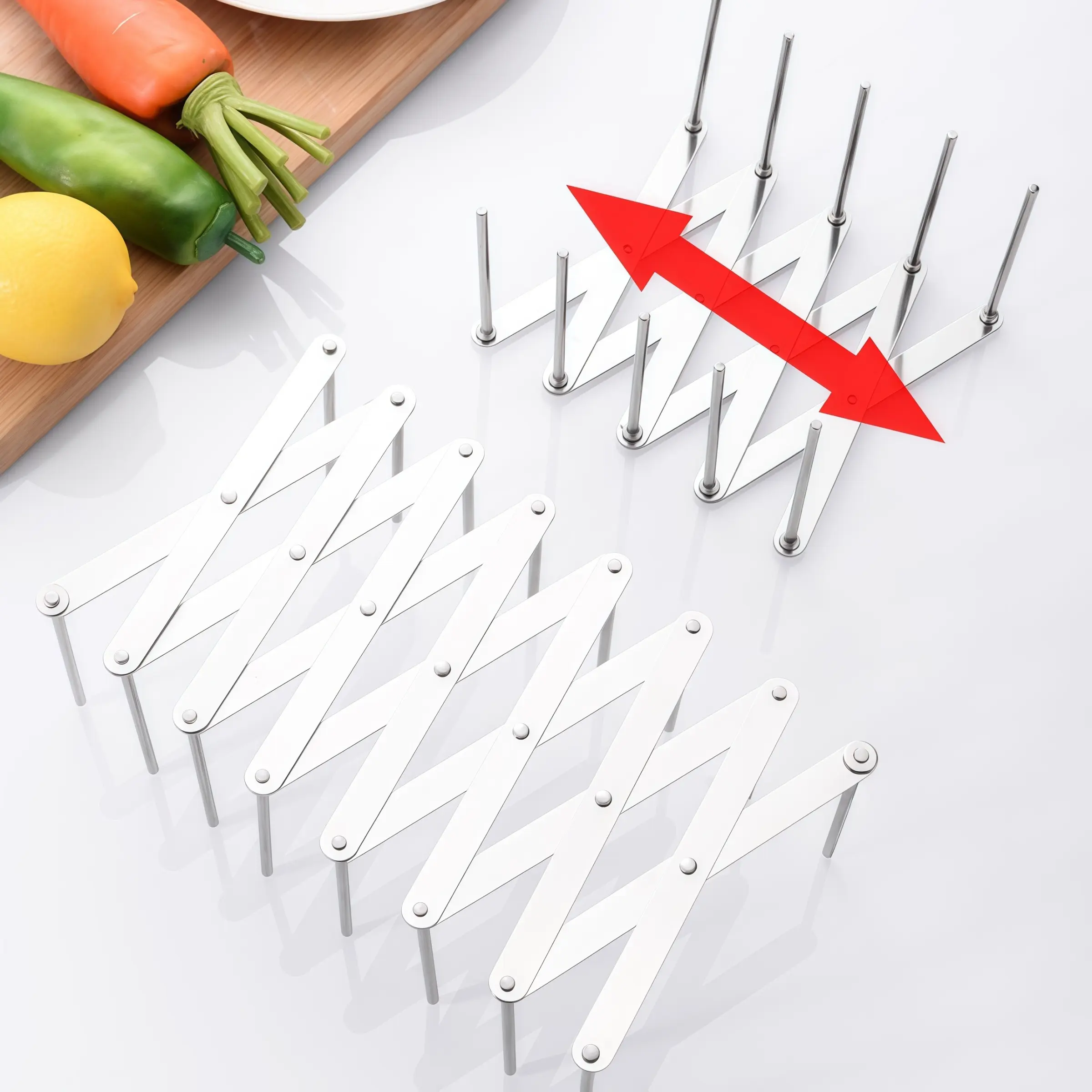 2-Pack Stainless Steel Telescopic Racks, Multi-Purpose Expandable Organizer for Dishes, Bowls, Utensils, Cutlery, Scoops, and Tableware Storage