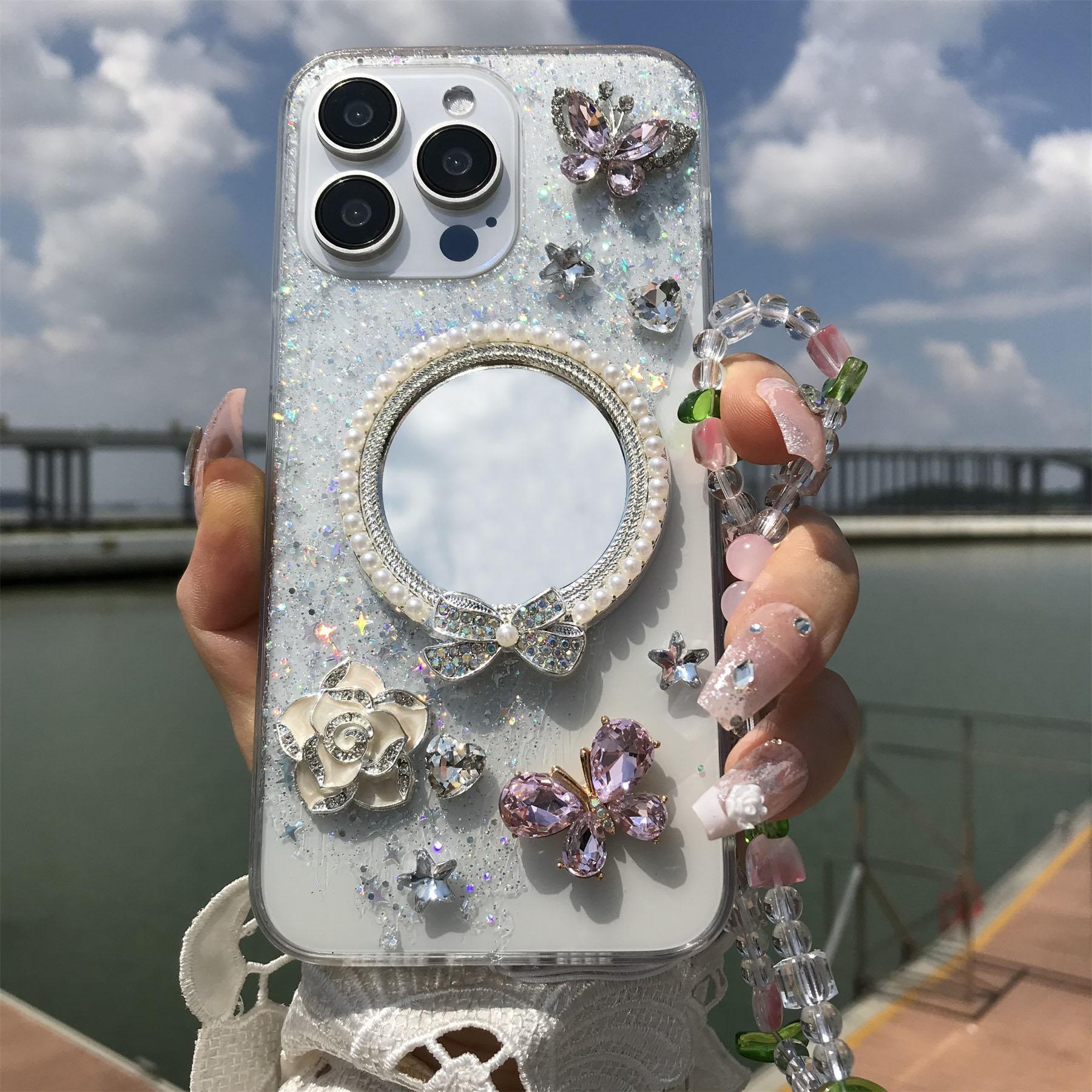 Rhinestone Decor Phone Case, Mirror Flower Butterfly Decor Phone Protective Cover with Lanyard, Phone Accessories Compatible with iPhone 16 15 14 13 12, Decorative Smartphone Protector