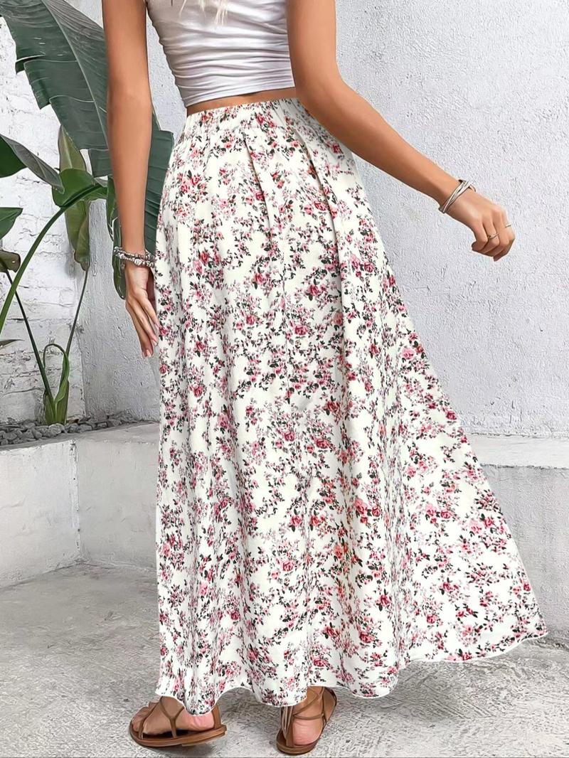 【Plus Size】 Ditsy Floral Print A Line Skirt, Boho Fashion Casual Elastic Waist Long Skirt for Daily Holiday Vacation Wear, Women's Clothing for All Seasons