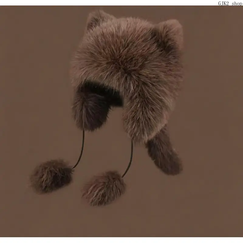 Women Cute Cat Ear Faux Fur Trapper Hat with Pom‑pom Decor Soft Plush Ear Protection Windproof Thermal Hat for Fall Winter Outdoor Daily Wear