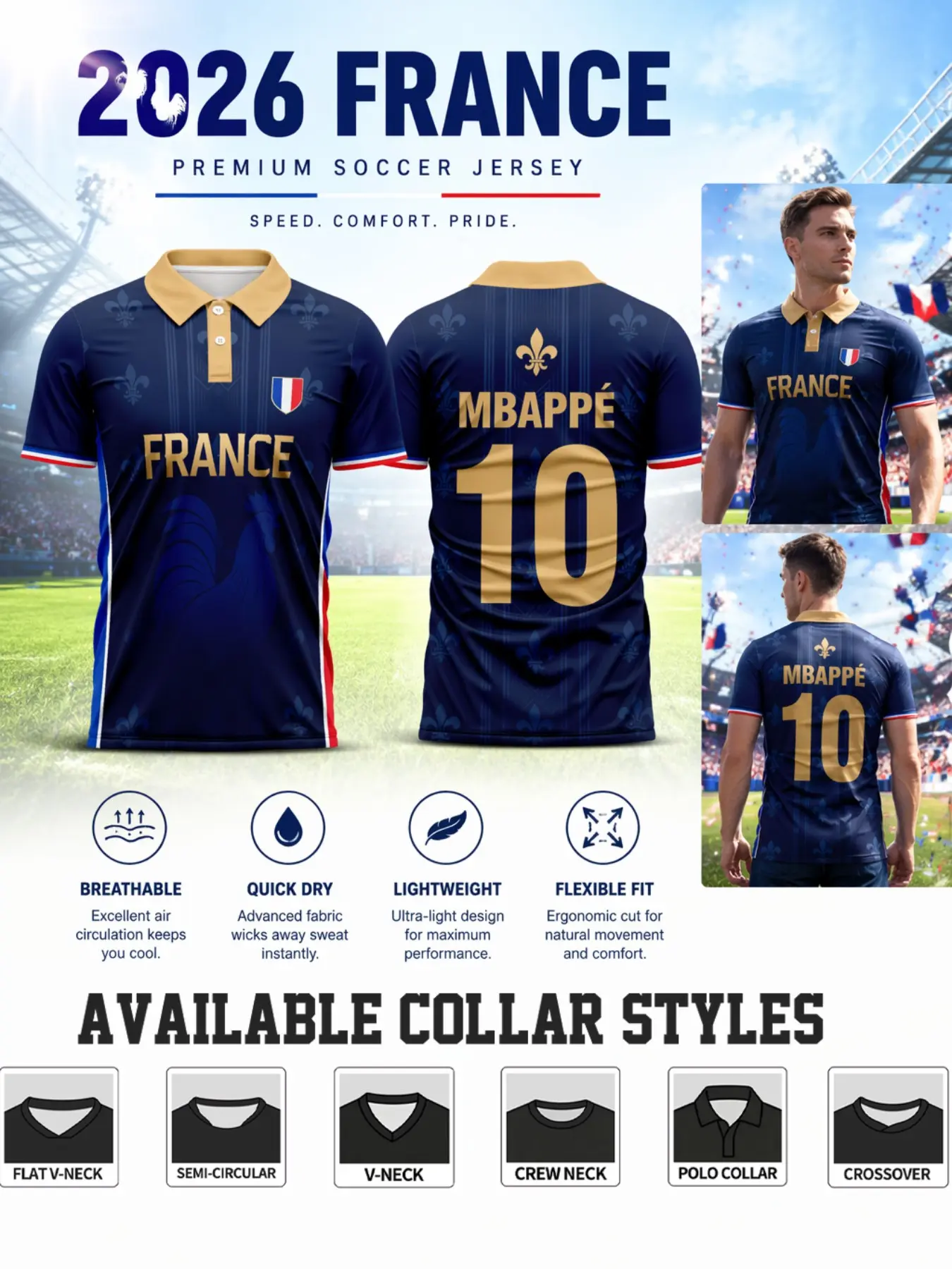 Dark Blue Gold Pattern French Style Soccer Jersey, Quick-Dry Breathable Stretch Fabric, Customizable Team Name Number, Training Watching Versatile