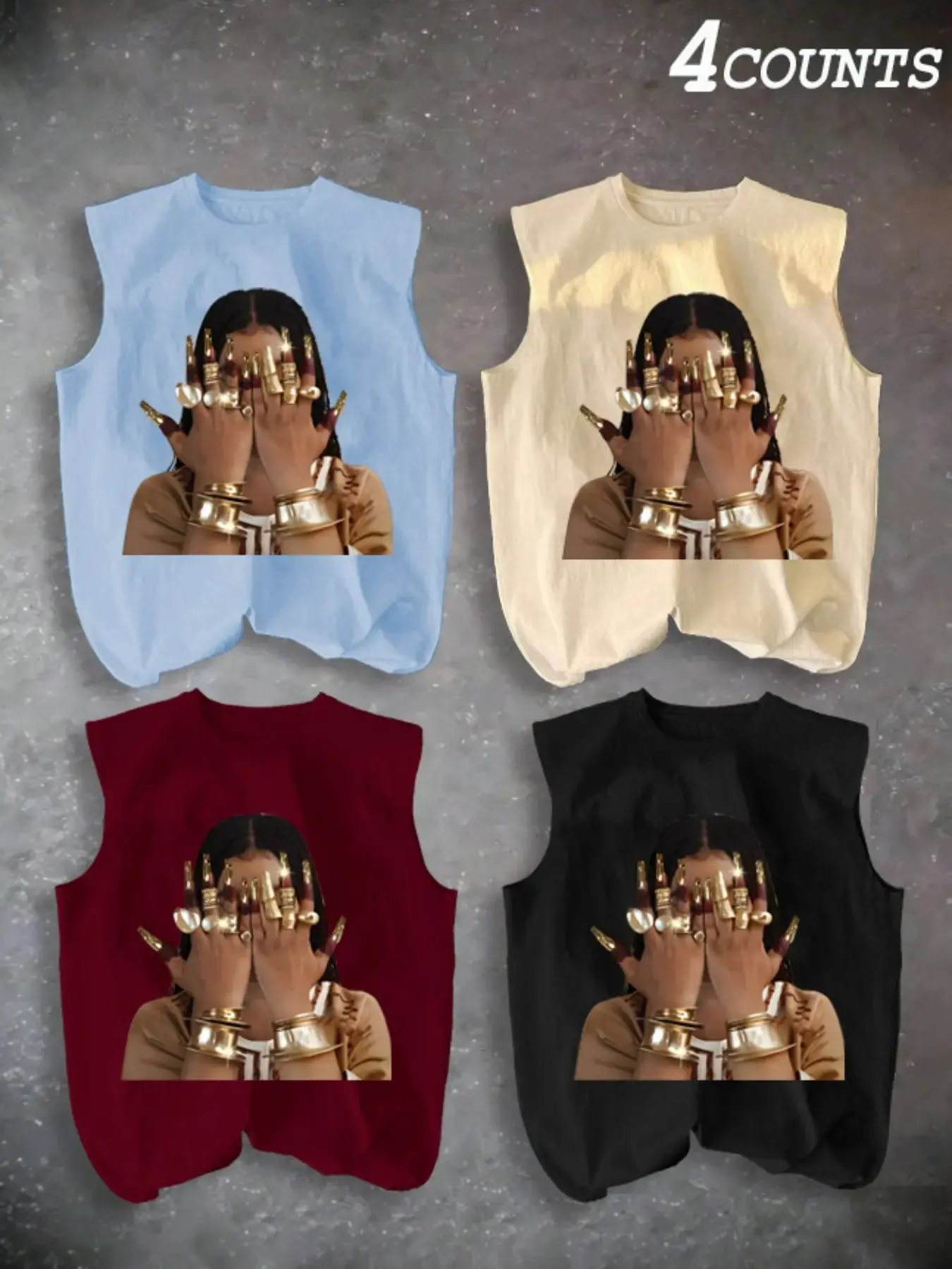 Men's Four-Piece Set Casual Sleeveless Tank Tops, Ring Pattern Print, Summer Vacation Party Daily Wear, Comfortable Inner Outerwear
