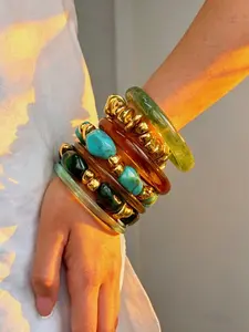 7PCS Luxury Resin Bangle Bracelet Set for Women, Green Marble & Amber Acrylic Bangles with Gold Tone Beads, Vintage Boho Stackable Bracelets, Elegant Statement Wrist Jewelry, Trendy Layered Accessories for Daily Wear, Parties, Vacation & Gifts