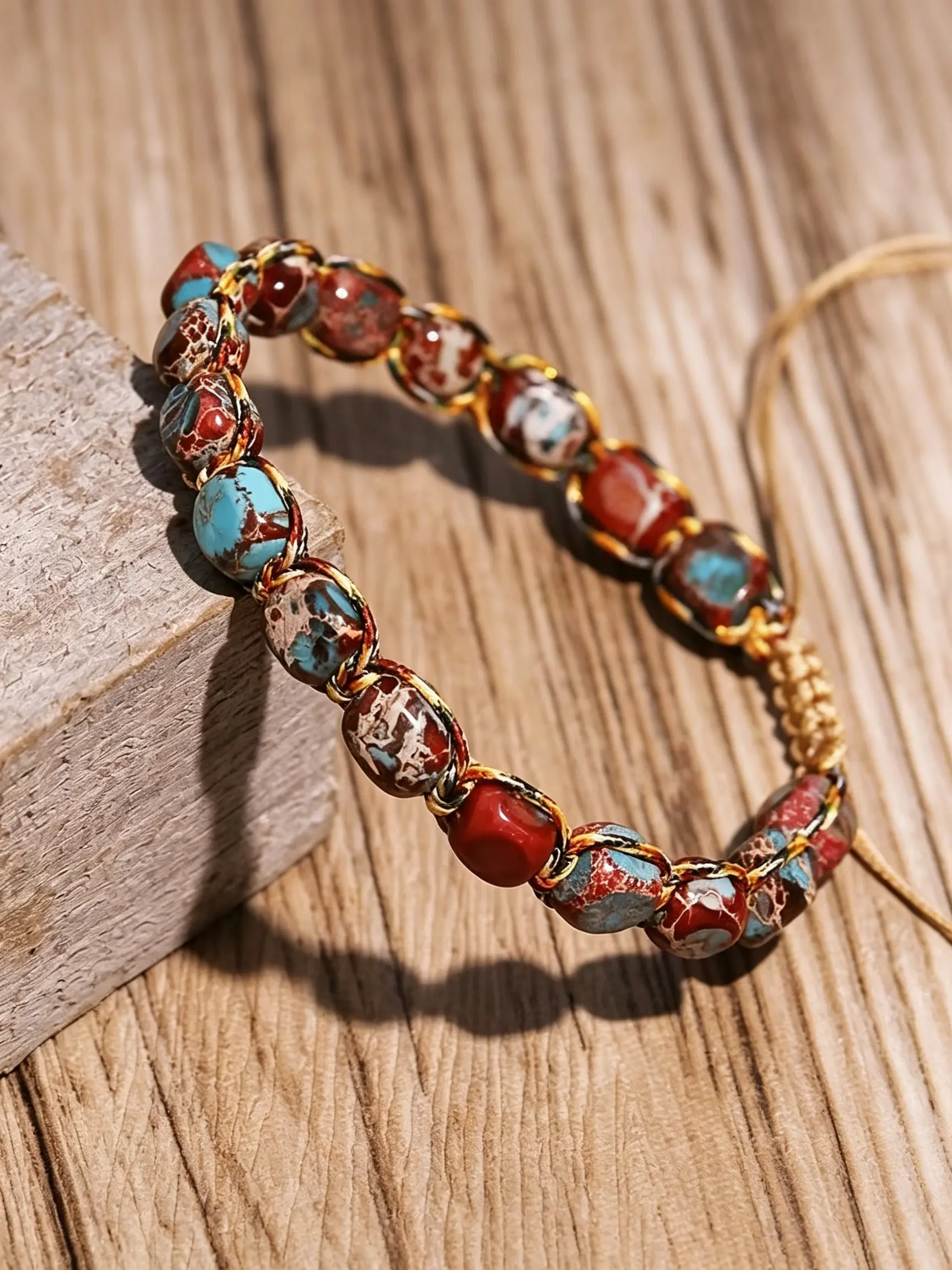 Bohemian Style Red Blue Multicolor Natural Stone Adjustable Handmade Colored Thread Bead Bracelet Boho Style Beaded