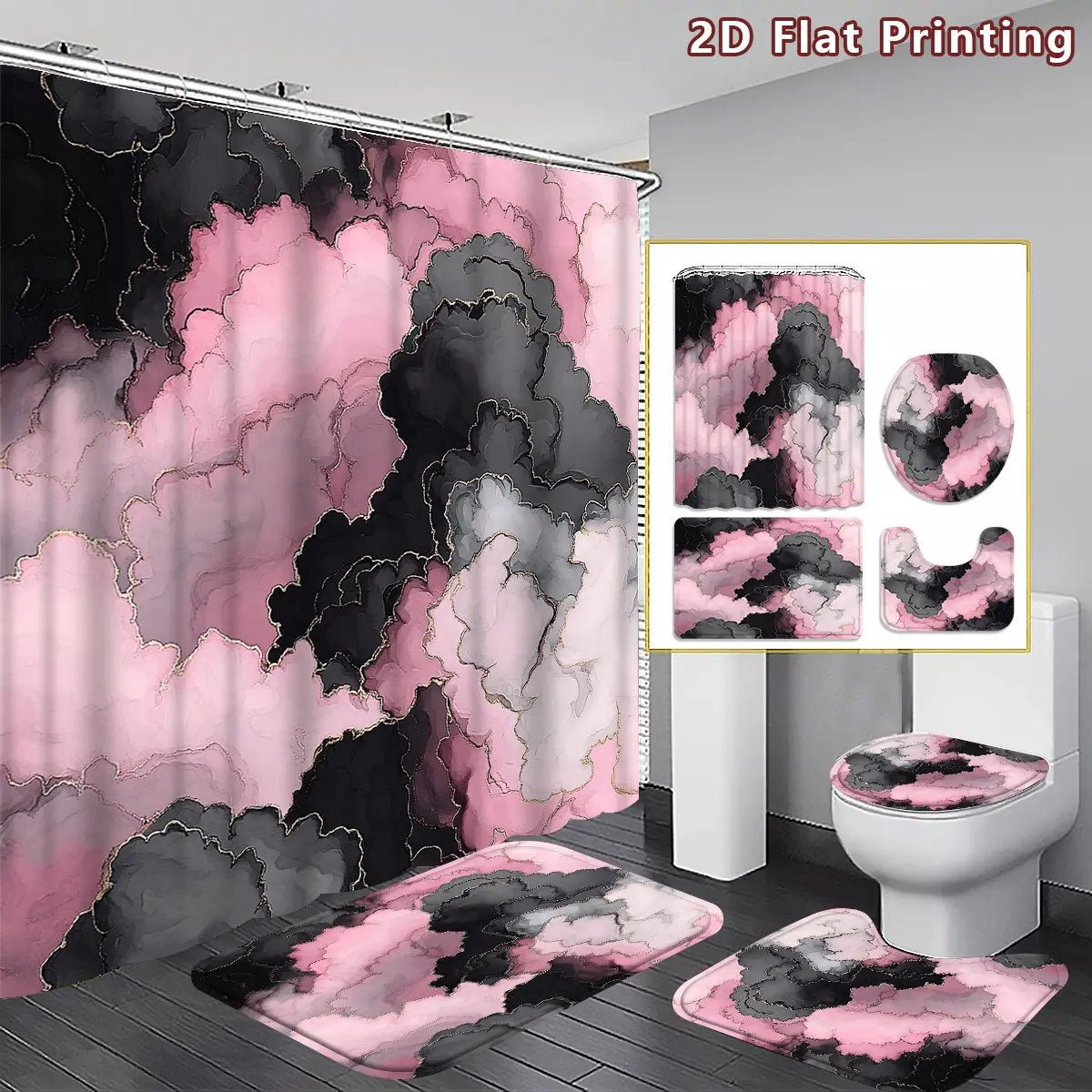 2D flat 4-piece cloud blush shower curtain set, pink and black clouds with gold trimmed bathroom decoration, including bath mat, U-shaped pad, toilet cover cover, shower curtain with hook, cloud aesthetics, home decoration, bathroom accessories