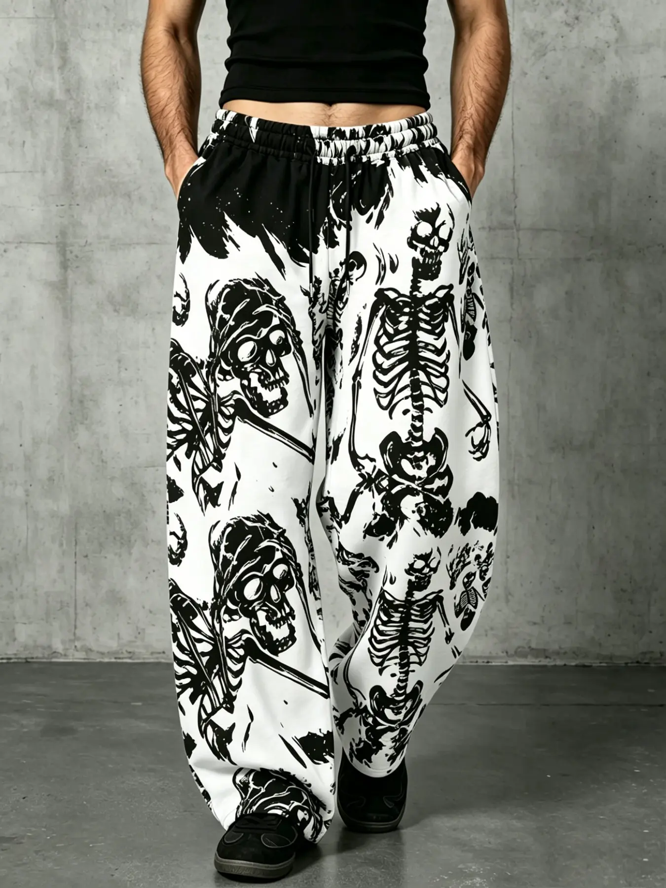 Unisex Skeleton Print Wide Leg Sweatpants, Tiktok Viral Y2K Goth Streetwear, Elastic Waist Drawstring Joggers, Fall Winter Fashion